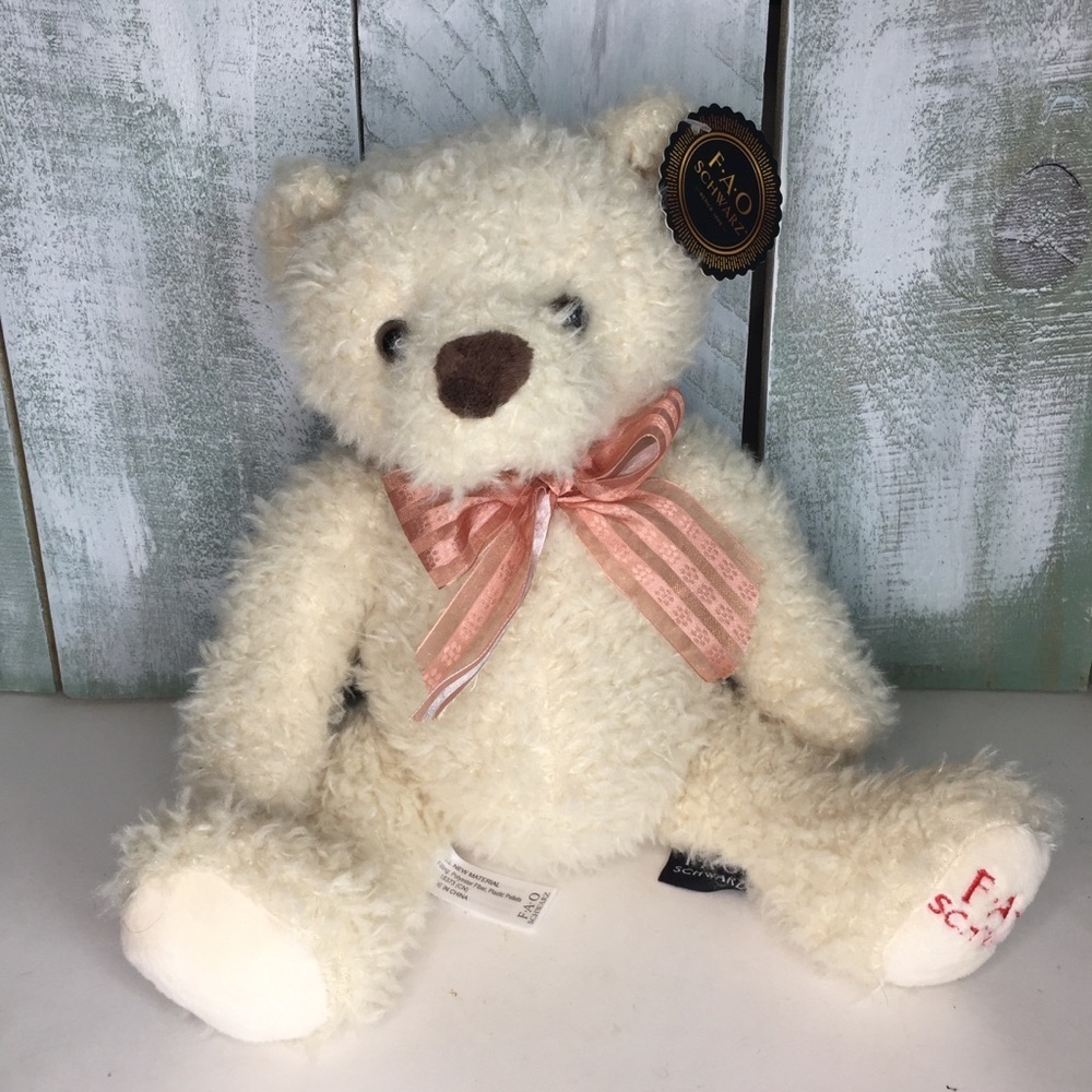 FAO Schwarz Fuzzy Plush Cream Teddy Bear 12”Stuffed Animal Peach Ribbon NWT